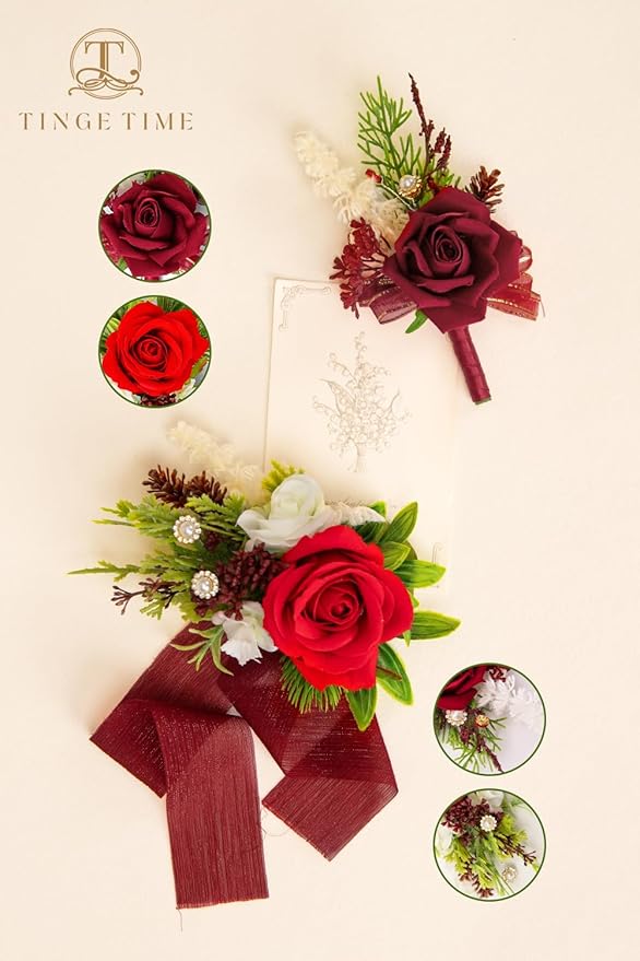 TINGE TIME Red Corsage and Boutonniere Set, Prom Flower Wrist Corsage Bracelets, Boutonniere for Men Wedding Flowers Accessories Prom Suit Decorations
