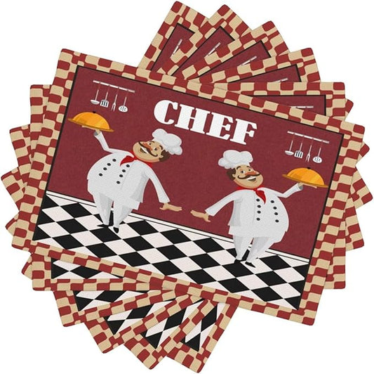 Chef Kitchen Linen Placemats Set of 6 Funny Fat Chef Red Plaid Placemats for Indoor Outdoor Party Home Desktop Dining Room Decor 12x18 Inch