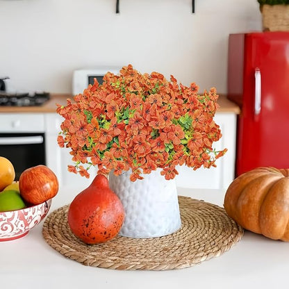 20 Bundles Fall Thanksgiving Artificial Mums Flowers for Outdoors, No Fade Fake UV Resistant Green Leaf Faux Flowers for Outdoor Planters, Autumn Garden Patio Front Porch Decor(Orange Green)