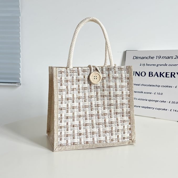 Women Tote Bag,2Pcs Jute Casual Tote's Handbag Embroidered Personalized Bento Bag,Reusable Grocery Bags Shopping Bags