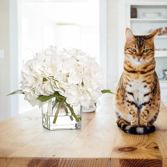BLEUM CADE Luxury PU Fake Flowers in Vase with Faux Water, White Real Touch Hydrangea Artificial Flowers with Glass Vase for Office Home Dining Room Centerpiece Table Decorations