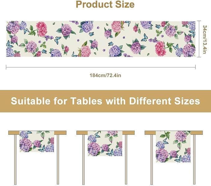 Hydrangea Table Runner, Spring Summer Watercolor Purple Floral Seasonal Country Farmhouse Coffee Table Center Decor for Home Kitchen Dining Patio Holiday Party Table Decorations 13x108 inches