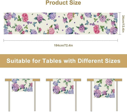 Hydrangea Table Runner, Spring Summer Watercolor Purple Floral Seasonal Country Farmhouse Coffee Coffee Table Center Decor for Home Kitchen Dining Patio Holiday Party Table Decorations 13x72 inches