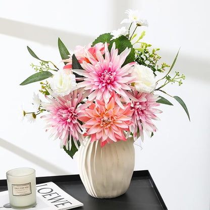 Artificial Flowers – Elegant Flower Bouquet, Faux Silk Dahlia & White Roses Floral Arrangement Fake Plant Decor for Home Indoor, Farmhouse kitchen Dining Decoration Wedding Table Centerpiece