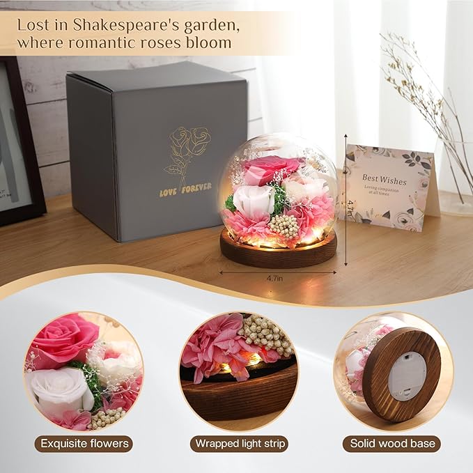 Preserved Flowers,Rose in Glass Dome with LED Light, Gifts for Her, Women, Mom,Grandma,Girlfriend, Wife- Style4
