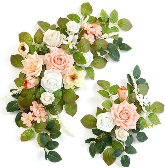 Wedding Decor (Pack of 2) Welcome Sign Flower Backdrop Garland for Ceremony Reception Wall Easel Home Decoration Entryway Faux Outdoor Board Head Table Decor (Flesh Pink & White)