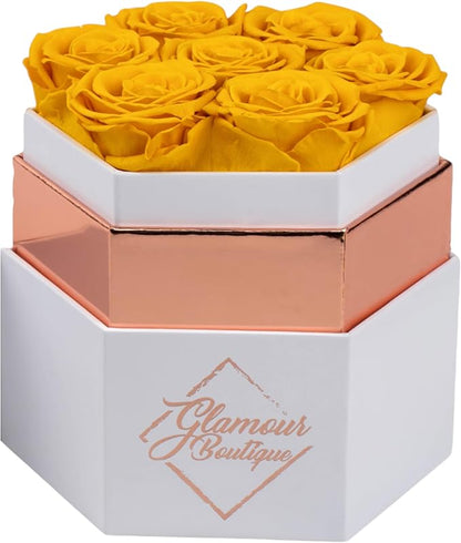 GLAMOUR BOUTIQUE Eternal Preserved Roses in a Box - Flowers Forever, Rose Forever in a Box for Wife, Birthday Gifts for Her, 7 Roses, Yellow
