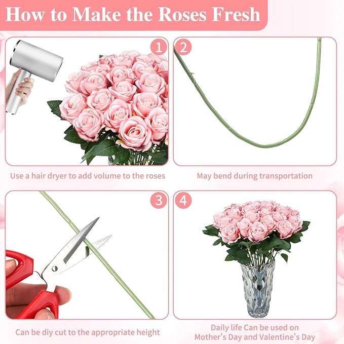 80 Pcs Roses Artificial Flowers, Silk Light Pink Artificial Flowers Petals Long Stem Roses for Wedding Bouquet Home Party Decor
