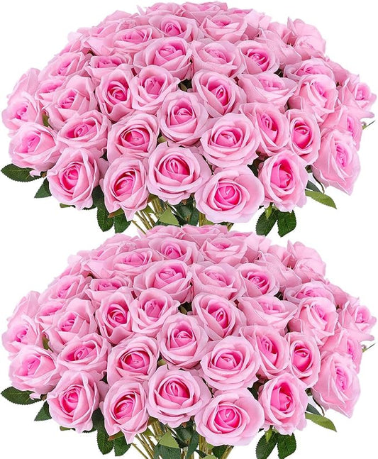 Hananona 50 Artificial Roses in Bulk, Fake Silk Pink Roses Realistic Roses for Wedding Centerpieces Flower Arrangement Home Decor (50, Pink)