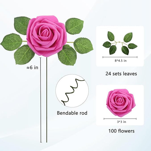 JOYLEX 100PCS Hot Pink Artificial Flowers Realistic Roses, Real Looking Fake Roses with Stem for DIY Wedding Bouquets Centerpieces Bridal Shower Party Home Romantic Decorations (Hot Pink, 100pcs)