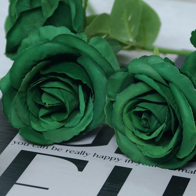 Felice Arts 12 Pack Green Artificial Roses Emerald Green Flowers with Stems Silk Roses Fake Flowers Bouquet for Christmas St Patricks Day Wedding Centerpiece Table Vase Home Kitchen Party DIY Decor
