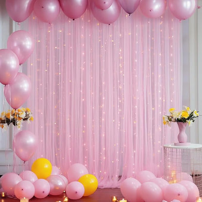 10ft x 10ft Pink Backdrop Curtain with Lights String for Parties, Sheer Tulle Wedding Photo Backdrops Drapes for Baby Shower Birthday Party Decorations Background for Photography