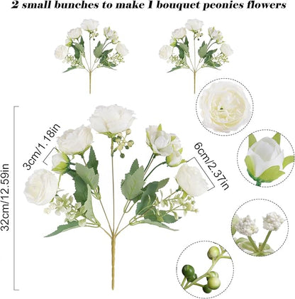Artificial Peonies Silk Flowers, White Faux Peony Bouquet 2 Bundles Florals Arrangements Decor for Farmhouse Home Boho Wedding Table Centerpiece, Fake Plastic Flowers Bulk for Vase Decoration (White)