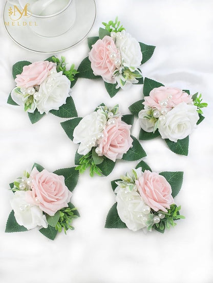 Meldel Pink&White Boutonniere for Men Wedding, Set of 6,Elegant Pearls Rose Boutonniere for Groom Groomsman Prom,Homecoming,Anniversary,Party,Prom Flowers and Vintage Wedding