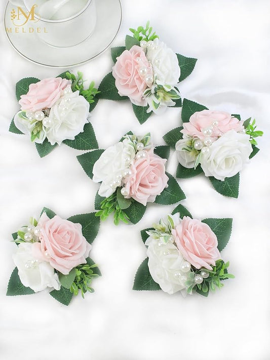 Meldel Pink&White Boutonniere for Men Wedding, Set of 6,Elegant Pearls Rose Boutonniere for Groom Groomsman Prom,Homecoming,Anniversary,Party,Prom Flowers and Vintage Wedding