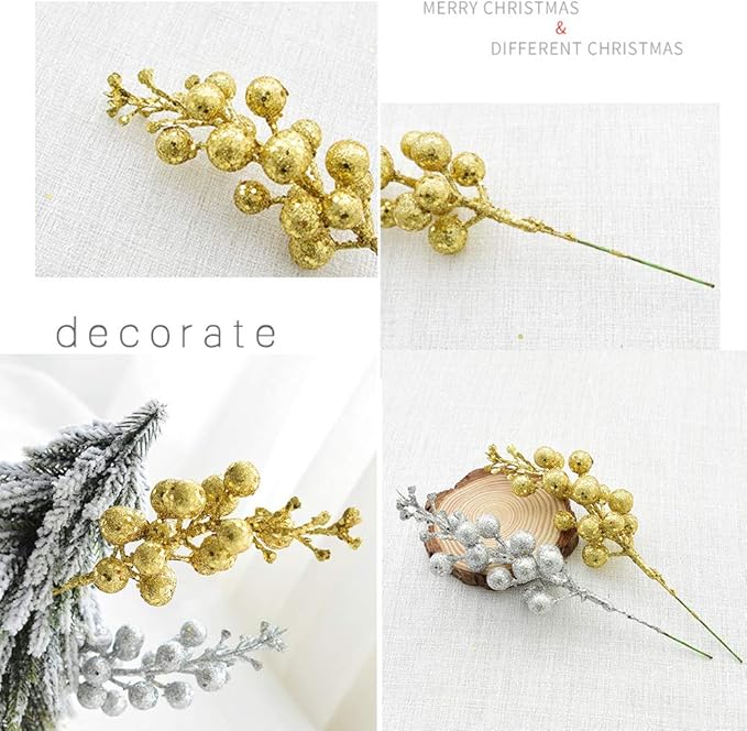 DearHouse 14 Pack Christmas Glitter Berries Stems, 7.8Inch Artificial Christmas Picks for Christmas Tree Ornaments, DIY Xmas Wreath, Crafts, Holiday and Home Decor (Gold)