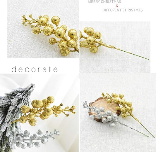 DearHouse 14 Pack Christmas Glitter Berries Stems, 7.8Inch Artificial Christmas Picks for Christmas Tree Ornaments, DIY Xmas Wreath, Crafts, Holiday and Home Decor (Gold)
