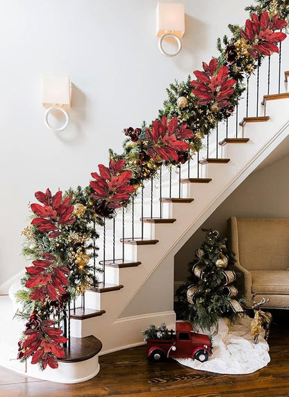 31" Burgundy Christmas Glitter Leaves Spray, Artificial Glitter Long Stems Christmas Tree Picks and Sprays Christmas Decoration Picks Xmas Tree Garland Wreath Autumn Winter Home