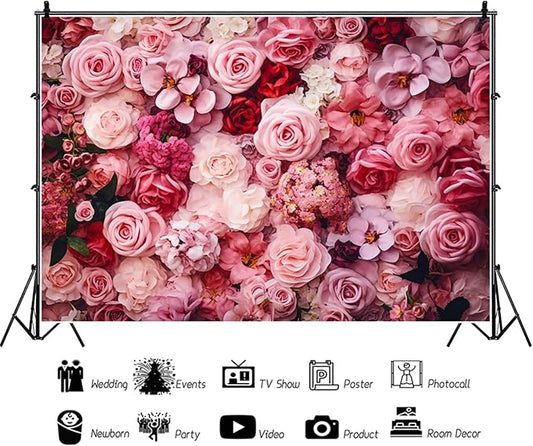 12x8ft Flower Backdrop Pink Red Rose Flowers Floral Wall Photography Background Birthday Baby Shower Wedding Party Banner Decorations Supplies Photo Booth Props