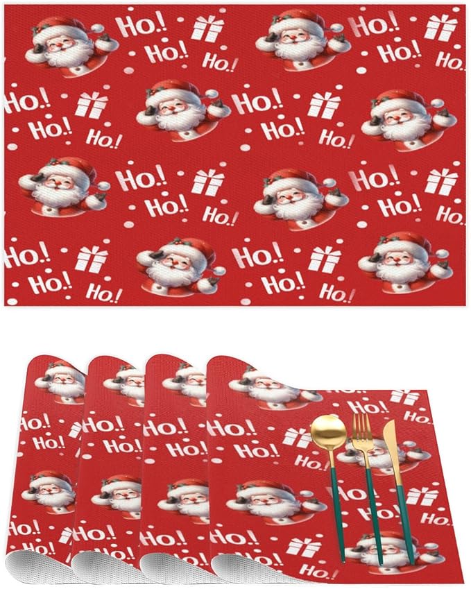 Christmas Xmas Ho Santa Claus Placemats Set of 1 PVC Vinyl Non Slip Table Mats Heat Resistant Place Mats Washable Wipeable Dining Table Mat for Kitchen Decor Party Indoor Outdoor Decorative Gift