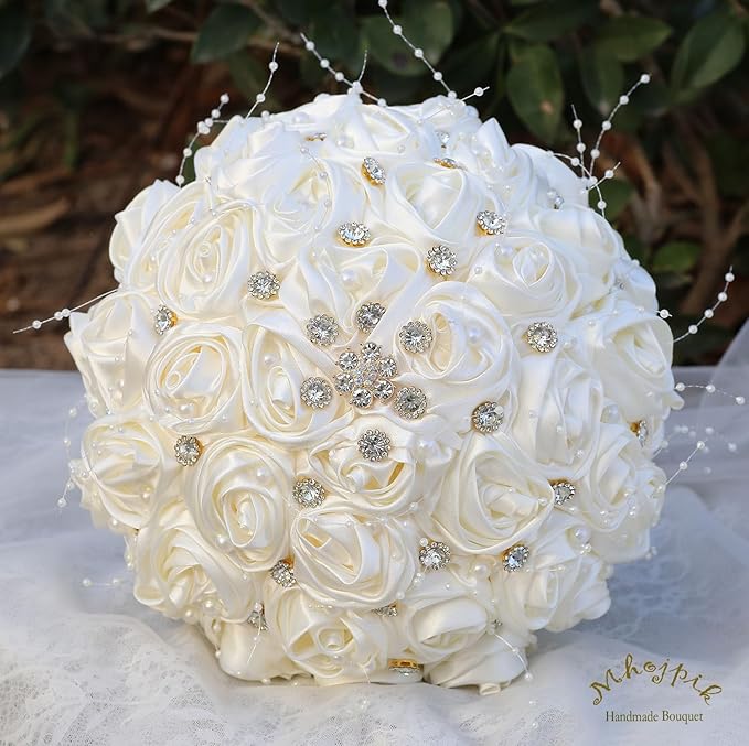 Bridal Wedding Bouquet Round Bling Brooch Bouquet Throw Toss Artificial Rose Flower Bunch for Bride Bridesmaid Wedding Quinceanera(Ivory, 6.3")