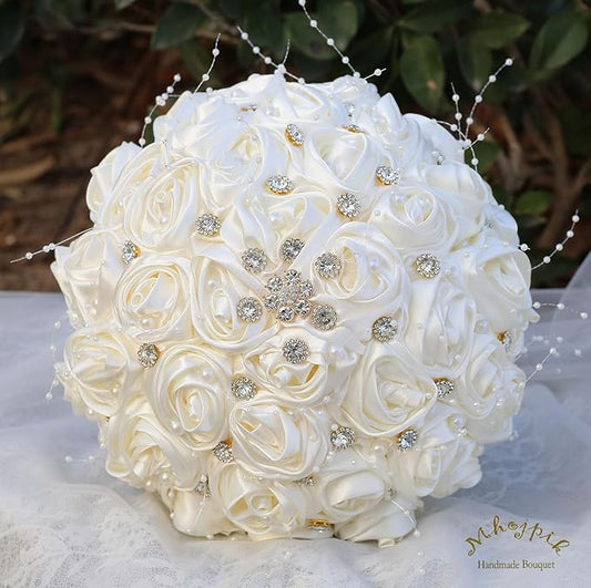 Bridal Wedding Bouquet Round Bling Brooch Bouquet Throw Toss Artificial Rose Flower Bunch for Bride Bridesmaid Wedding Quinceanera(Ivory, 6.3")