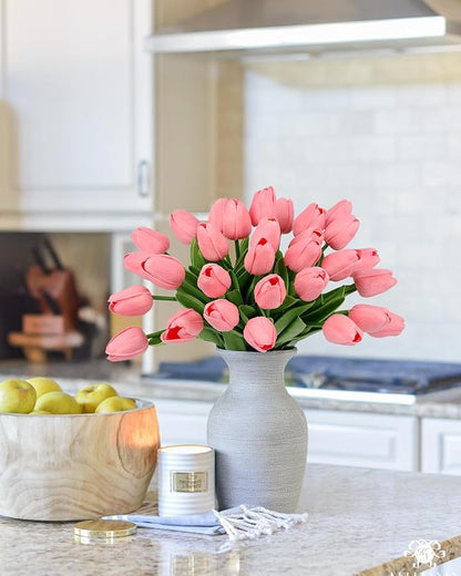 MACTING 30 PCS Artificial Tulip Flowers 13.7" Real Touch Fake PU Tulips Bouquet Faux Pink Flowers for Floral Arrangements Table Centerpieces Kitchen Home Indoor Outdoor Summer Decorations