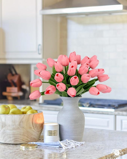 MACTING 30 PCS Artificial Tulip Flowers 13.7" Real Touch Fake PU Tulips Bouquet Faux Pink Flowers for Floral Arrangements Table Centerpieces Kitchen Home Indoor Outdoor Summer Decorations