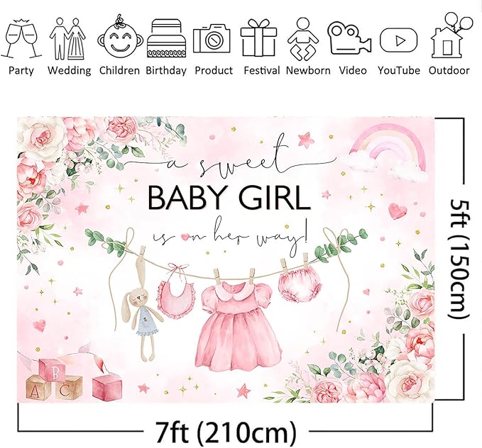 Mocsicka Sweet Baby Girl Baby Shower Backdrop Princess Pink Greenery Party Decoration for Girl's Arrival Photo Booth (Pink, 5x3ft)