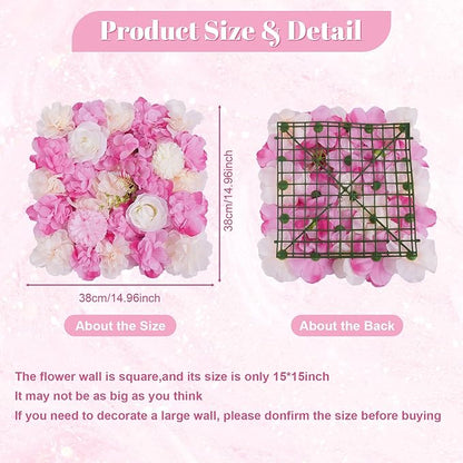 12Pcs Artificial Flower Wall Panel 3D Floral Backdrop Wall 15" X 15" Flower Wall Decor Panel Flower Wall Backdrop Faux Flower Panel for Party Home Background Decor, Pink