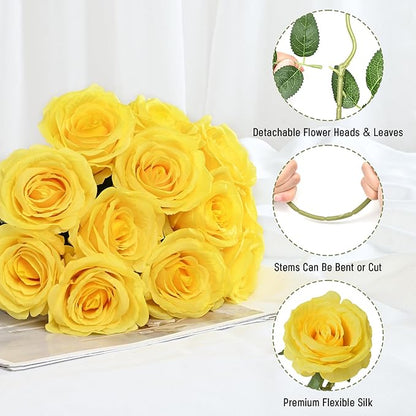 Waipfaru 16 Pcs Mothers Day Fake Roses, Silk Yellow Roses Artificial Flowers with Long Stems for Valentines Day Wedding Bouquet Vase, Cemetery Flowers for Grave (Yellow)