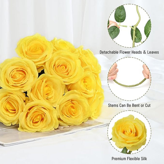 Waipfaru 16 Pcs Mothers Day Fake Roses, Silk Yellow Roses Artificial Flowers with Long Stems for Valentines Day Wedding Bouquet Vase, Cemetery Flowers for Grave (Yellow)