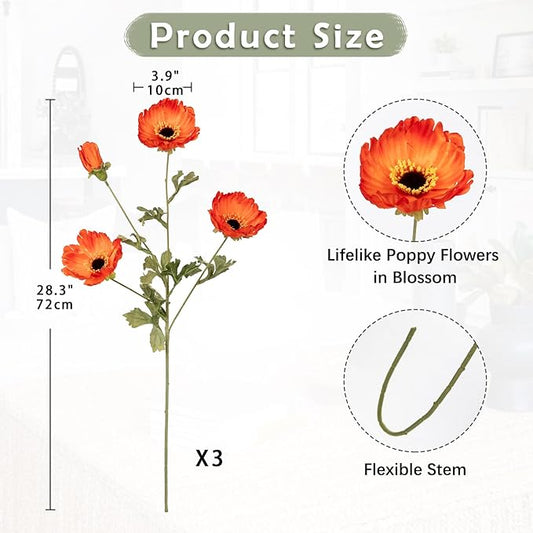 28.3" Orange Artificial Flowers Poppy Flowers 3Pcs Silk Fake Poppy Flowers Real Touch Faux Poppies Spring Flower Long Stem Arrangement with 4 Heads for Party Centerpiece Bouquet Table Home Decoration