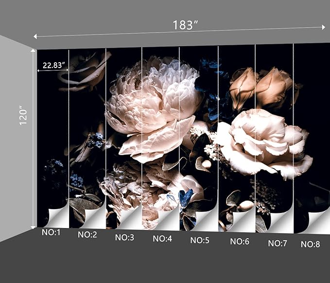 Black Peony Floral Wallpaper Bedroom Pink Botanical Flowers Leaf murals Living Room tv Background Large Wall Mural Aesthetic Room Decor - 183"x120" Not Peel and Stick