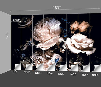 Black Peony Floral Wallpaper Bedroom Pink Botanical Flowers Leaf murals Living Room tv Background Large Wall Mural Aesthetic Room Decor - 183"x120" Not Peel and Stick