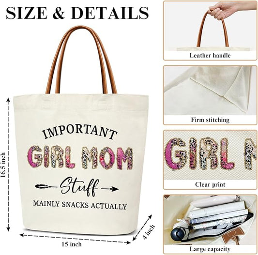 Canvas Tote Bag for Women, Important Stuff Bag with Leather Handle, Reusable Grocery Bags for Shopping Beach Travel