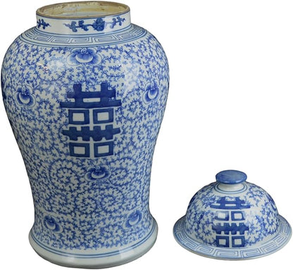 19" Antique Like Finish Blue and White Ginger Jars Porcelain Temple Ceramic Ginger Jar Vase, Double Happiness China Ming Style, Jingdezhen(L16)