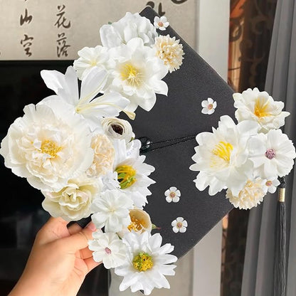 Artificial Flowers Heads Combo White Flowers Mix Silk Flowers Heads Bulk Faux Rose for Craft Garland Graduation Cap Wedding Bridal Baby Shower Home Party Decoration DIY Cake Decor