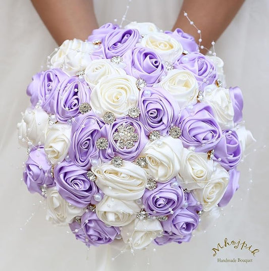 Bridal Wedding Bouquet Round Bling Brooch Bouquet Throw Toss Artificial Rose Flower Bunch for Bride Bridesmaid Wedding Quinceanera(Light Purple & Ivory, 7.5")