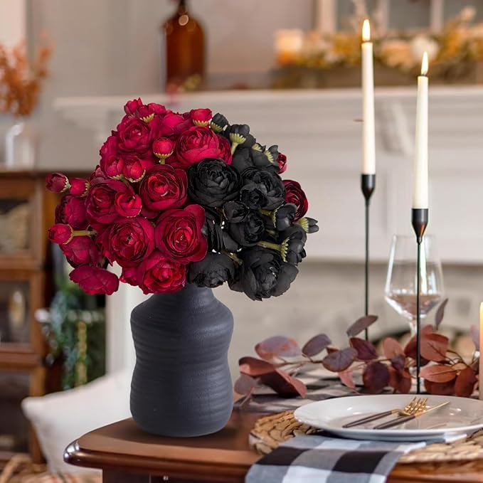 ASTRYAS 24Pcs Black Red Ranunculus Artificial Flowers, Silk Fake Ranunculus Wedding Bouquet for Halloween Home Decor Floral Arrangement Table Centerpieces(Red, Black)