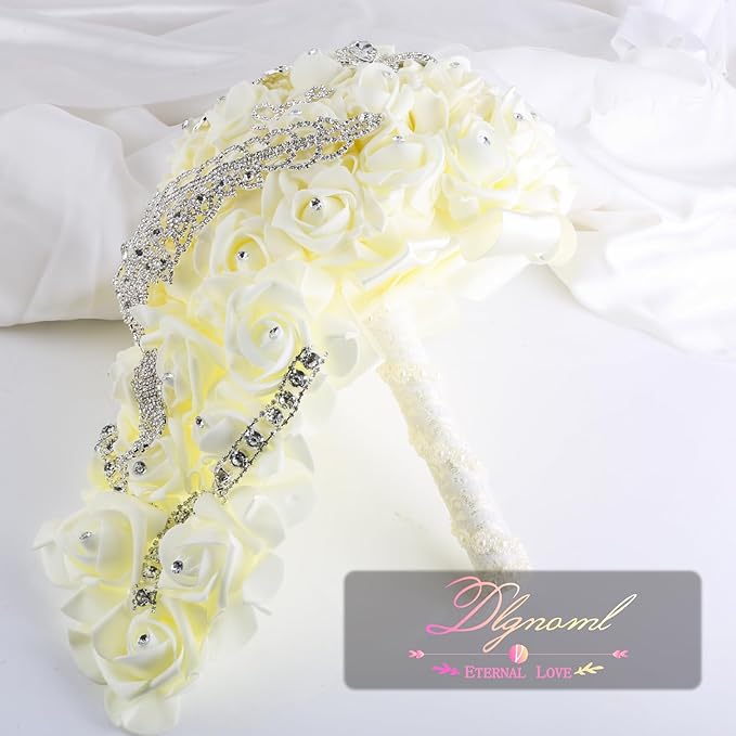 Wedding Bouquets for Brides or Bridesmaids Brick and Stone Decoration Pearl Embellishment Roses Bridal Bridesmaid Wedding Hand Bouquet Artificial Fake Flowers.(Cream)
