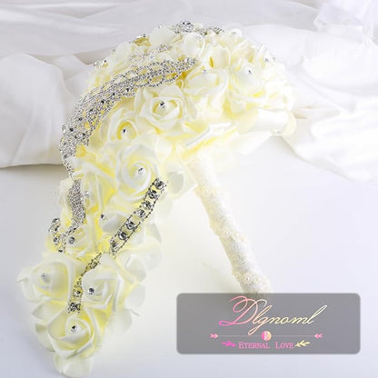 Wedding Bouquets for Brides or Bridesmaids Brick and Stone Decoration Pearl Embellishment Roses Bridal Bridesmaid Wedding Hand Bouquet Artificial Fake Flowers.(Cream)