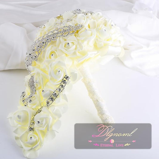 Wedding Bouquets for Brides or Bridesmaids Brick and Stone Decoration Pearl Embellishment Roses Bridal Bridesmaid Wedding Hand Bouquet Artificial Fake Flowers.(Cream)