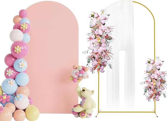 Putros 7.2ft Metal Arch Stand with Cover Pale Pink Spandex Fitted Wedding Arch Cover and Round Top Chiara Backdrop Stand Set for Birthday Party Baby Shower Decoration