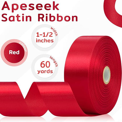 60 Yards Red Satin Ribbon 1-1/2 Inch, Solid Polyester Fabric Ribbon for Gift Wrapping, Crafts, Flower Bouquet, Wedding, Baby Shower, Festival, Christmas, Halloween, Mother's Day