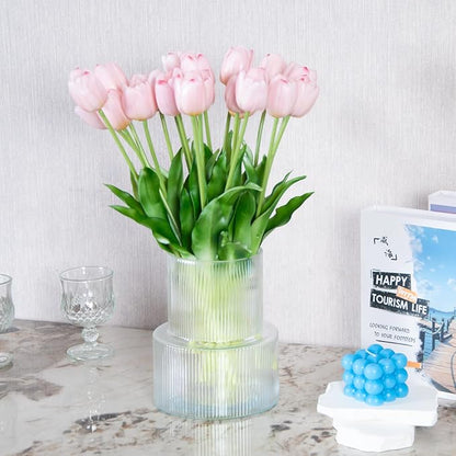 20 Artificial Tulips in Fluted Glass Vase, Waterproof Faux Flowers Bouquet for Wedding Home Office Decor, Table Centerpiece, Housewarming Birthday Gift Set (Pink)