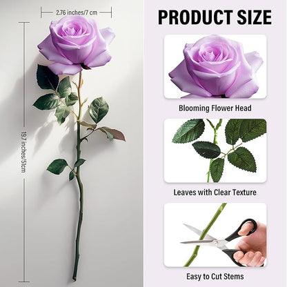 50PCS Artificial Roses with Long Stems - Realistic Silk Flowers, Fake Roses Real Touch Bouquet of Roses for Home Decor, Bridal Wedding Party Table Centerpieces, Bulk Faux Rose Flowers ( Purple )