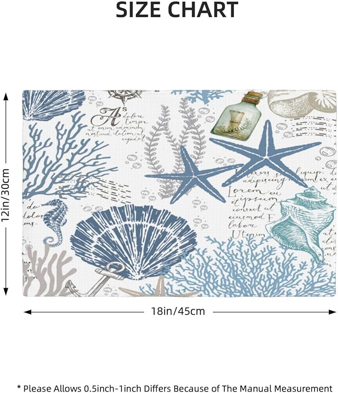 Nautical Placemats Set of 4,Summer Starfish Beach Theme Ocean Seashell,Blue Coastal Linen Fabric Table Mats for Home Kitchen Dining Party Decor 4 PCS