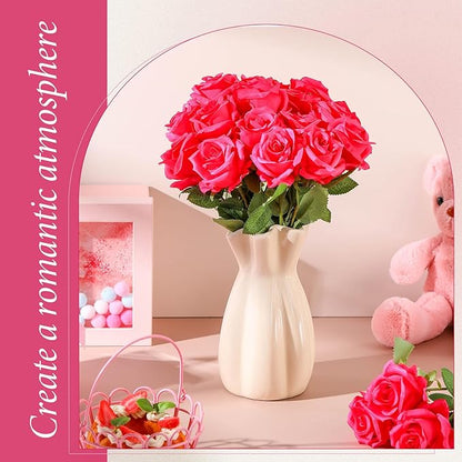 Hotop 40 Pcs Rose Artificial Flowers Bulk with Long Stem,Realistic Silk Fake Roses Bouquet for Home Wedding Centerpieces Party Table Decoration Valentines Gifts(Hot Pink)