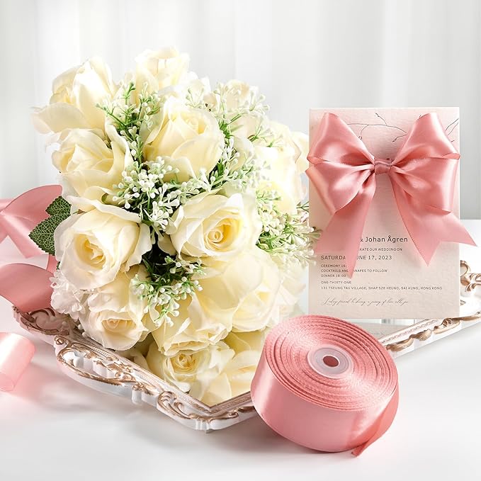 1-1/2 Inches 100 Yards Rose Gold Satin Ribbon, Ribbon Roll for Flower Bouquets, Gift Wrapping, Wedding, Handmade Crafts